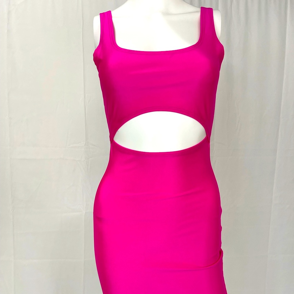 Hot Pink Tank top Dress with mid drift cut out.